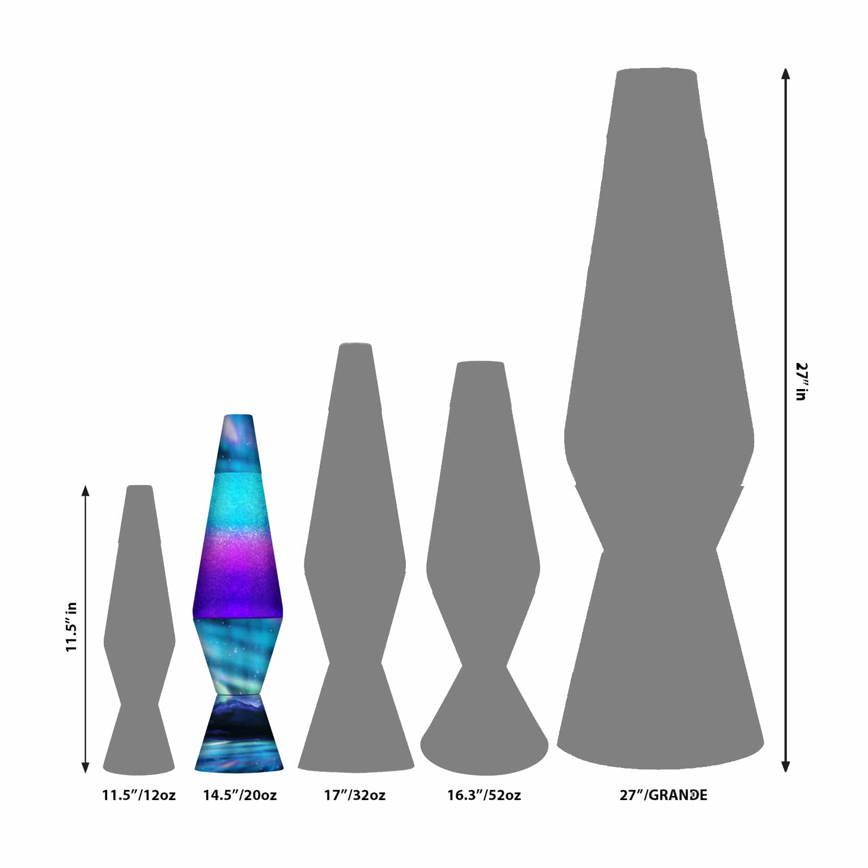 14.5” LAVA® Lamp Colormax Northern Lights – Glitter size comparison