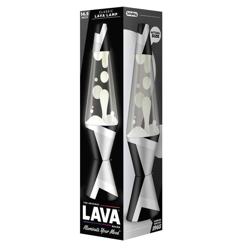 A box displaying a classic 14.5-inch Lava Lamp, featuring a black and white geometric pattern on the base and cap with white wax. Text on the box says "The Original Lava Brand - Illuminate Your Mood".