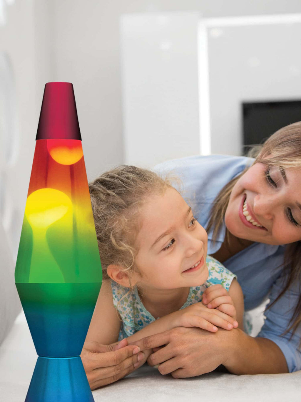 14.5” LAVA® Lamp Rainbow – White/Clear/Tricolor with a mother and daughter