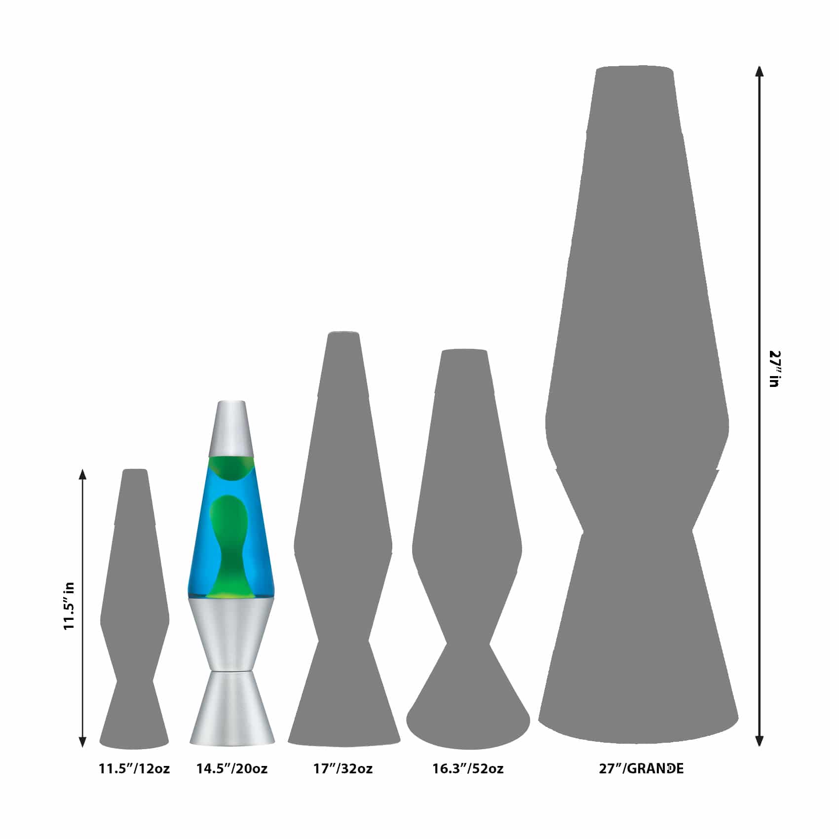 14.5” LAVA® Lamp – Yellow/Blue/Silver Size Comparison